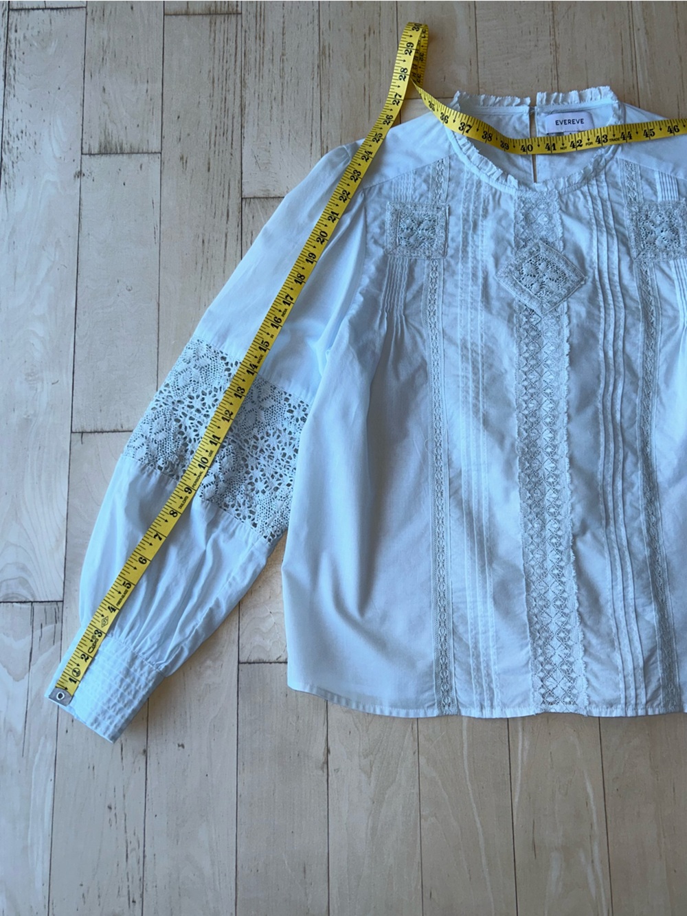 Evereve Victorian Pintuck Crochet Lace Detail Pale Blue Blouse Boho Size S EUC - Picture 14 of 16